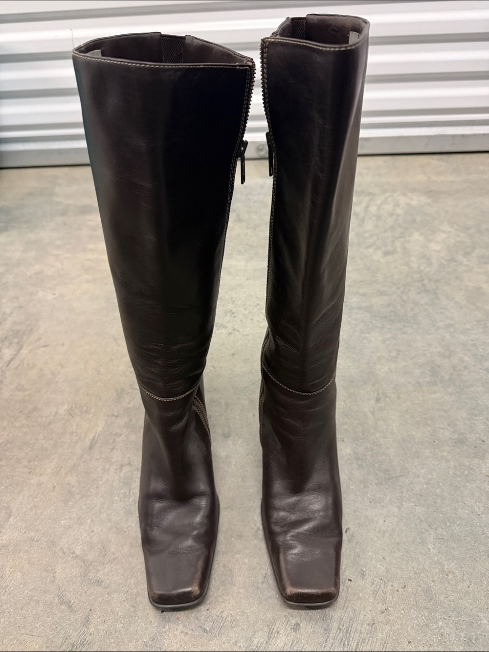 Anne Klein Dark Brown Knee-High Leather Boots with Square Toe